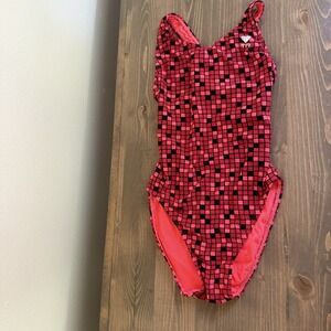TYR Womens 30 Small Red Black Check MaxFit One Piece Swim Bathing‎ Suit Pool